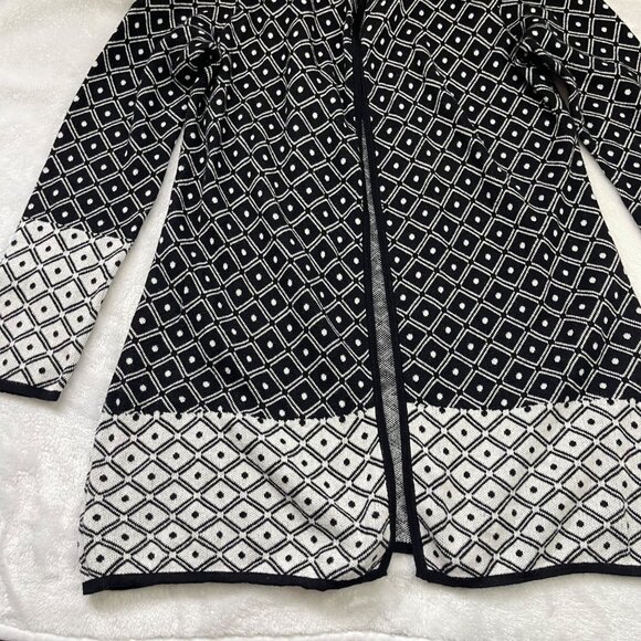 Chico's Easywear Open Front Cardigan Size 2 (US 12) 100% Cotton Knit Black White - Picture 9 of 10